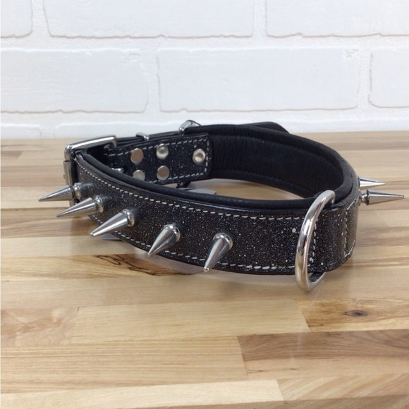 Mad Cow genuine leather Punk Rock dog collar handmade black dark silver studs - Picture 3 of 16